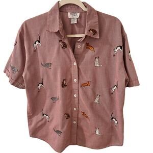 Teddi Vintage Embroidered Cats Button Front Top, size M
